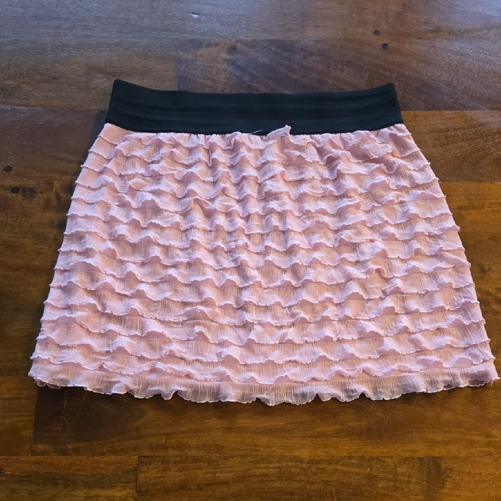 Express Pink Ruffle Mini Skirt with Black Waistband Size Medium